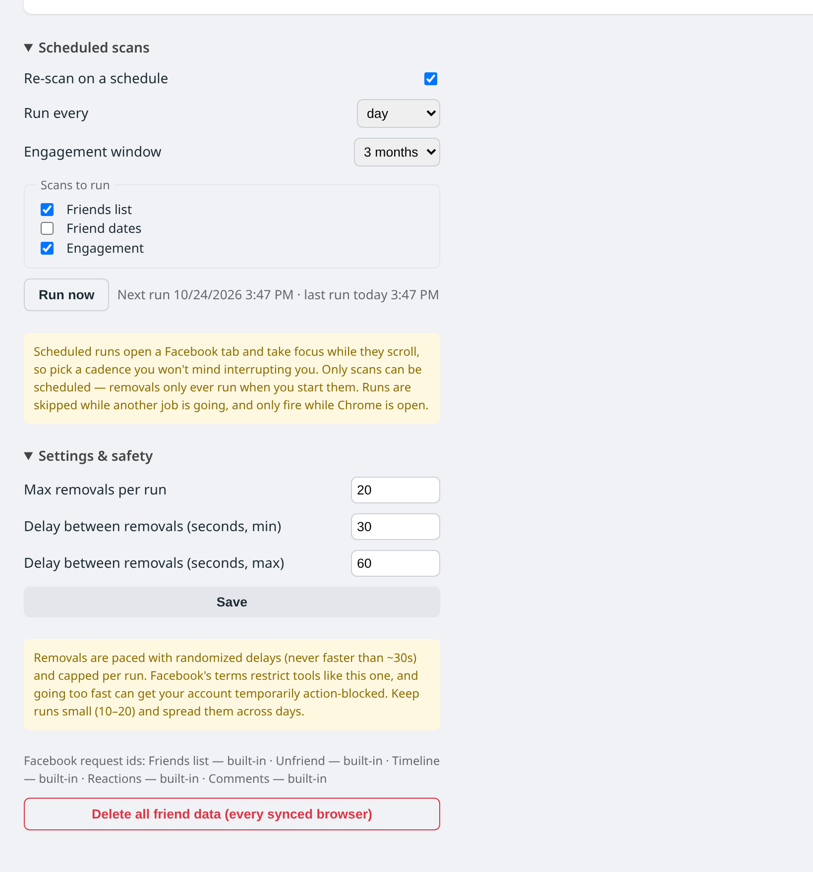Scheduled scans and settings panel with removals-per-run and delay settings